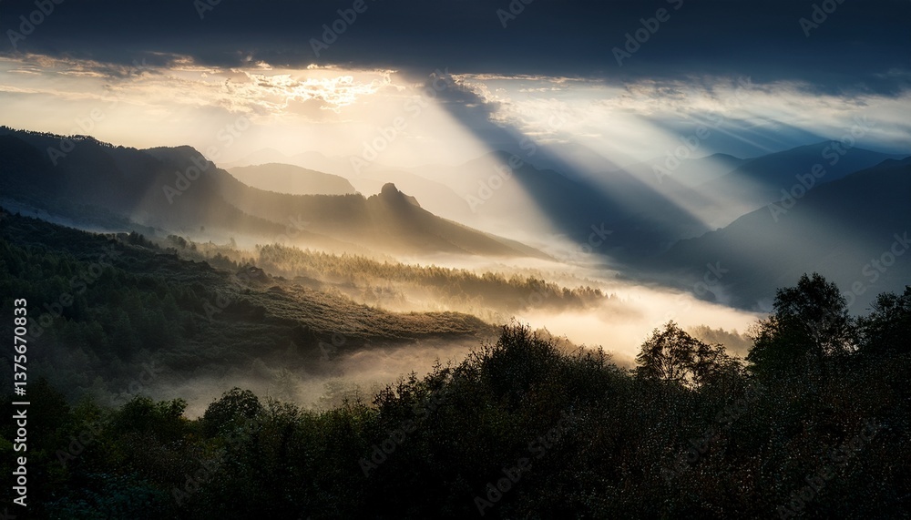 Fototapeta premium dramatic light rays piercing misty cinematic landscape stock photo
