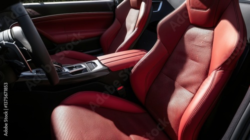 Wallpaper Mural Close-Up of Red Leather Sports Seats with Perforation in Modern Car Interior Torontodigital.ca