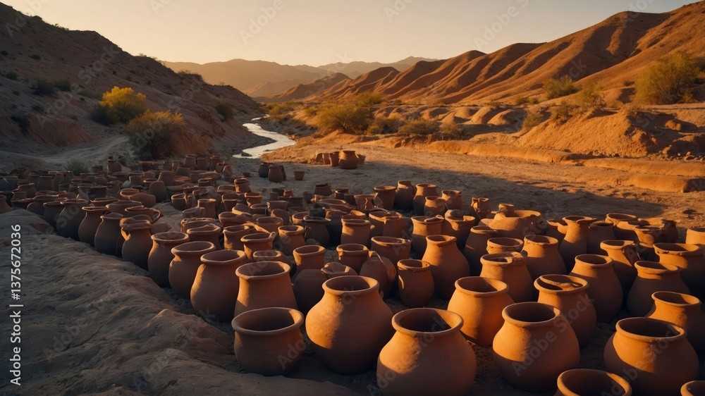 Fototapeta premium Terracotta Pots Array in Desert Landscape under Warm Sunset Light