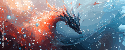 Majestic fire and water dragon in dynamic motion, abstract fantasy art - vector.