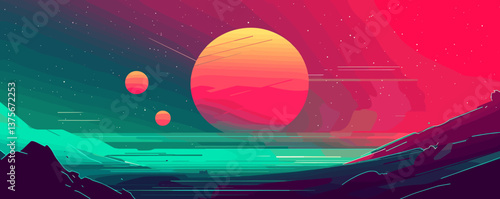 Futuristic alien landscape with vibrant sunset and planets - vector.