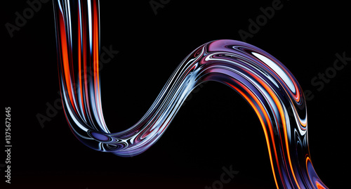 Fototapeta Naklejka Na Ścianę i Meble -  3d abstract fluid glass holographic wave on dark background. Render gradient flow of liquid with neon rainbow light texture. Chromatic transparent ribbon curve line shape on black bg. 3D illustration