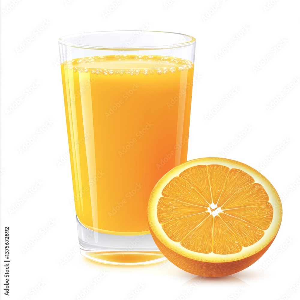 Fresh Orange Juice in Glass with Half Orange Slice on White Fresh Orange Juice in Glass with Half Orange Slice on White