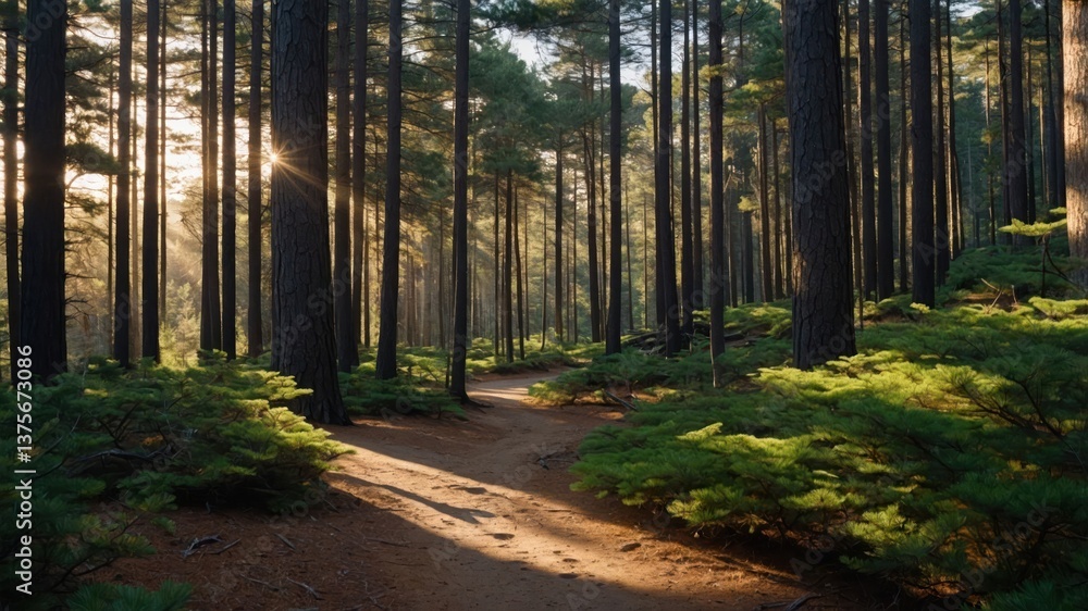 Fototapeta premium Walking Path Through Forest with Sunlight Streaming Through Tall Trees
