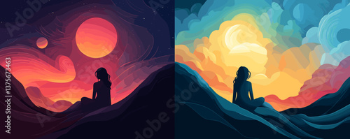 Silhouette of woman gazing at sunset and sunrise in vibrant landscapes - vector.