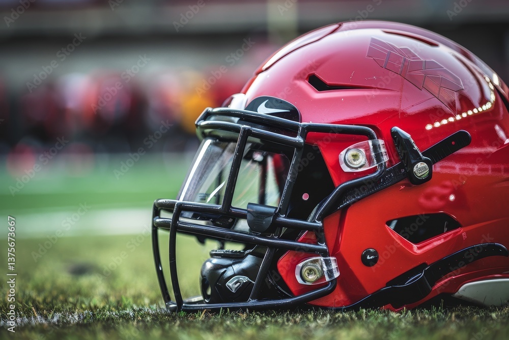 Fototapeta premium Close-up of a red football helmet on the field during a game, Emphasize the importance of a football helmet in player safety