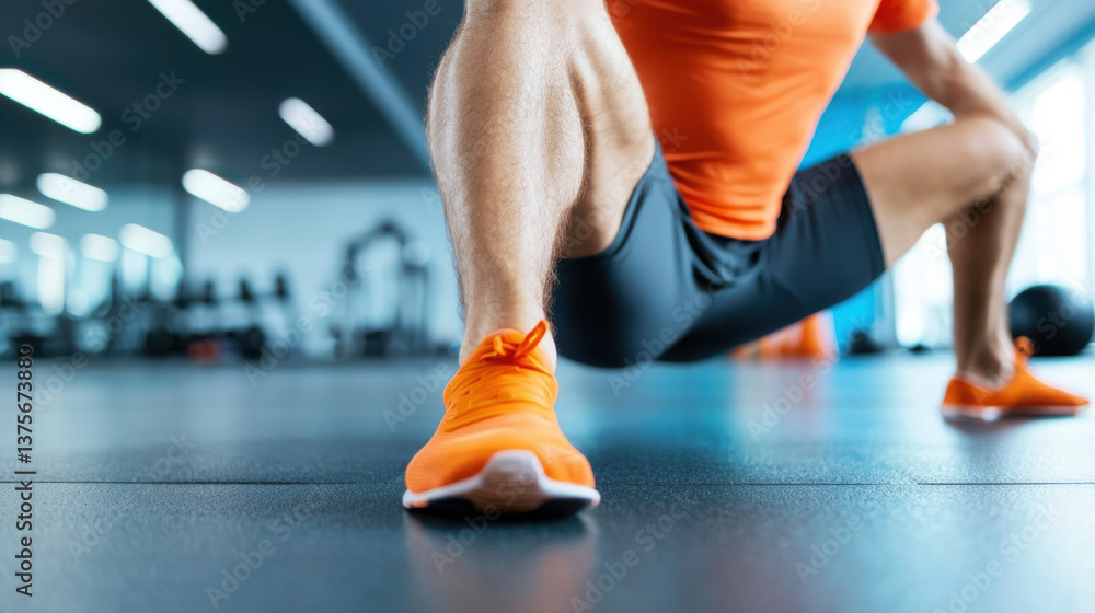 Naklejka premium Man stretching legs on floor in bright home gym, wearing orange athletic wear