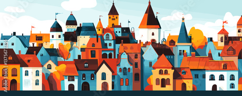 Colorful medieval townscape with autumn foliage and historic buildings vector.