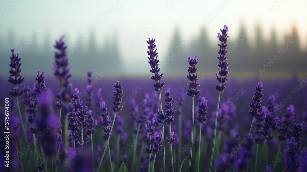 Fototapeta premium Dreamy Lavender Field in Morning Mist with Soft Light and Nature's Serenity