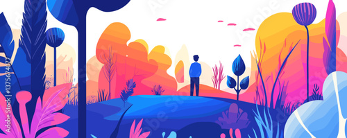 Colorful nature landscape with silhouetted man in surreal forest setting - vector.