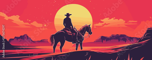 Cowboy on horseback at sunset in desert landscape with vibrant colors – vector.