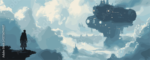 Steampunk airship and man in vast cloudscape, fantasy sci-fi art - vector.