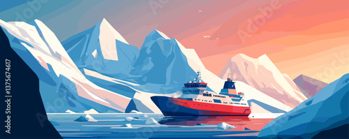 Icebreaker ship navigating icy waters against majestic mountain sunset background - vector.