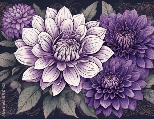 detailed line drawing of purple dahlias and leaves