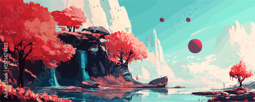 Surreal landscape with red trees and floating spheres in a fantasy world - vector.