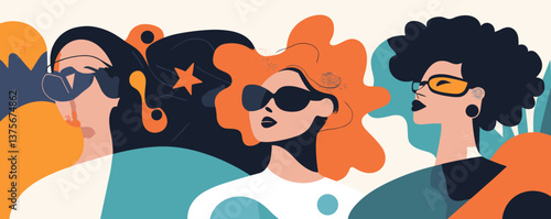 Stylish women wearing sunglasses with bold hairstyles and fashionable outfits in art design vector.