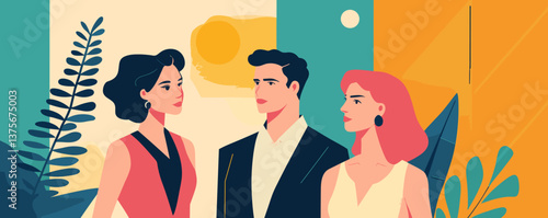 Business professionals in conversation against colorful abstract background - vector.