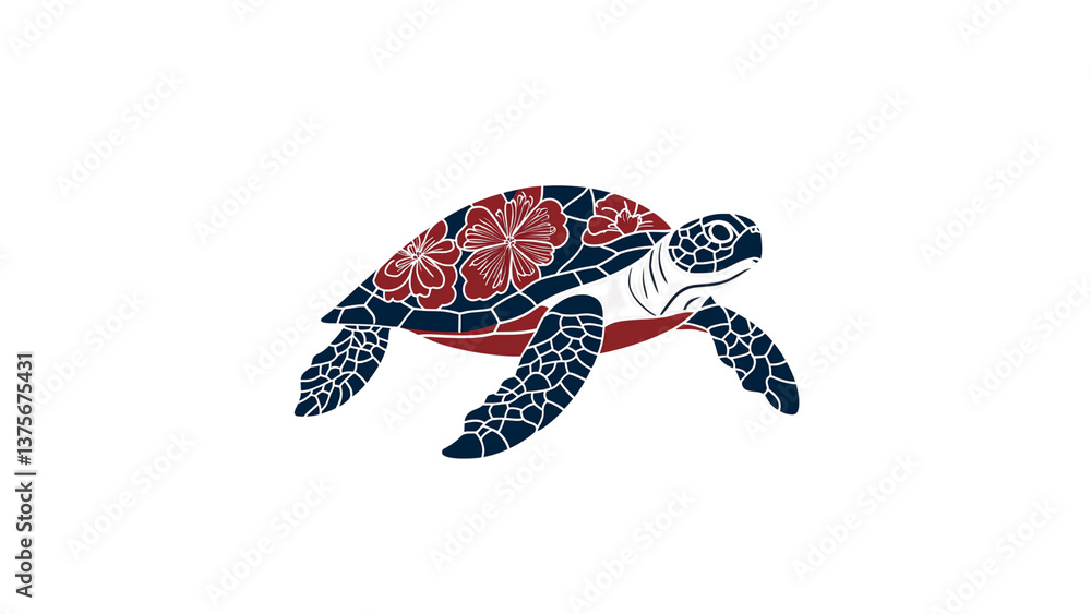 Fototapeta premium Stylized Sea Turtle with Hibiscus Flowers Design Element