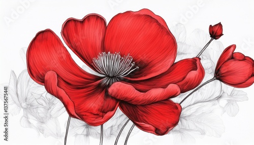 red flower ink drawing isolated on white background