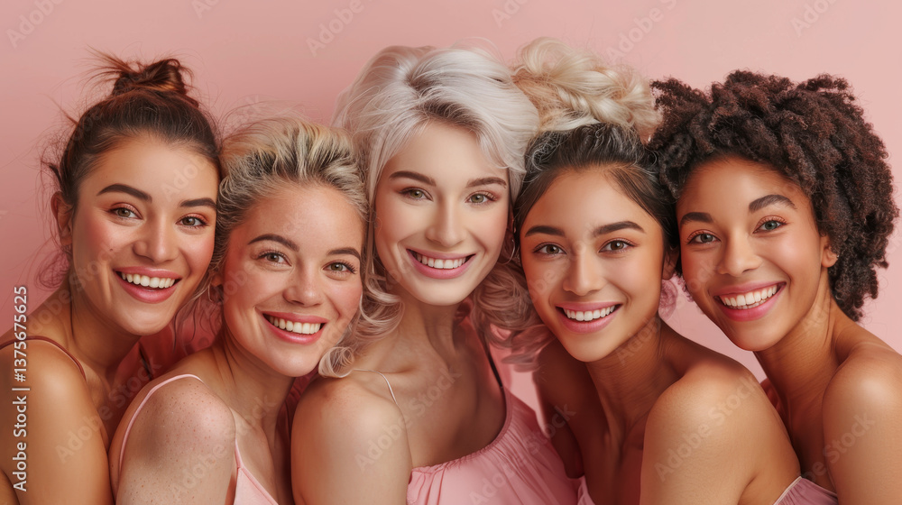 Fototapeta premium Diverse Beauty, Young Multiracial Women with Flawless Skin on Pink Background.