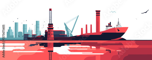 Cargo ship docked at port with industrial skyline and cranes in background - vector.