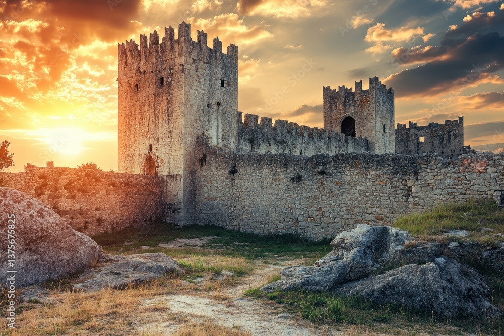 Fototapeta premium Historic castle at sunset with dramatic sky over ruins and stone walls in the countryside