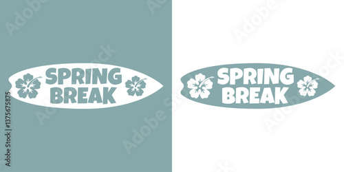 Logo vacaciones de primavera. Mensaje SPRING BREAK con silueta de tabla de surf y flores de hibisco