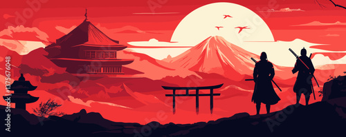 Samurai silhouette with mount fuji and temple at sunset scene - vector.