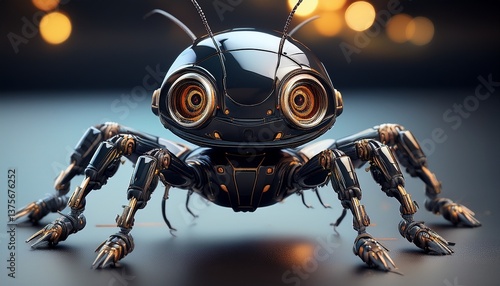 futuristic robot insect with glossy black finish and cute features