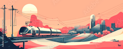 Futuristic train on elevated track in modern cityscape with sunset and power lines, vector.