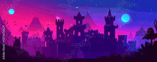 Mystic castle at dusk with dual moons and silhouetted figures in fantasy landscape - vector.