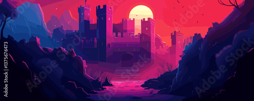 Majestic castle at sunset with silhouetted mountains and dramatic sky - vector.