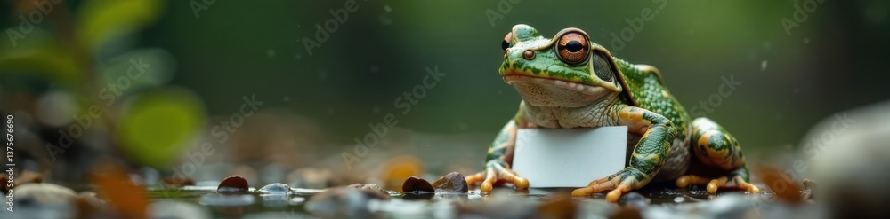 Fototapeta premium Grenouille grise avec un panneau blanc sur son ventre, pond life, grey frog