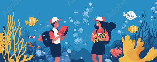 Children exploring underwater coral reef, surrounded by colorful fish and sea plants, vector.