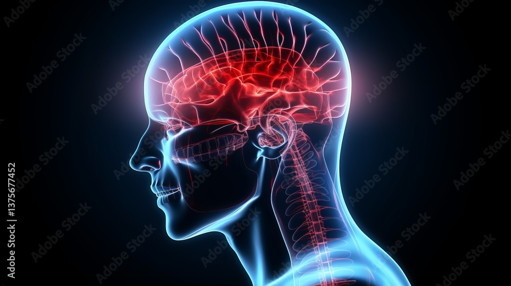 Head pain perception isometric concept, X-ray image of head with red-highlighted migraine areas, detailed 3D render Head pain perception isometric concept, X-ray image of head with red-highlighted migraine areas, detailed 3D render