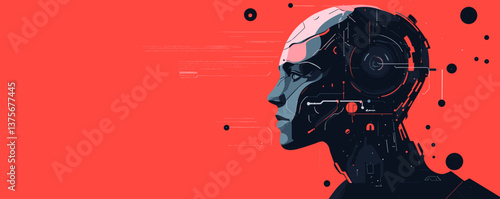 Futuristic cybernetic human profile on red background - vector.