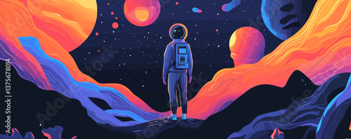 Astronaut gazing at colorful planetary landscape in outer space, surreal cosmic adventure - vector.