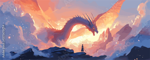 Majestic dragon confrontation with warrior in fiery sky, fantasy landscape - vector.