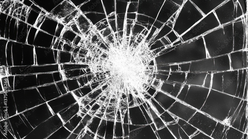 Fototapeta premium A dramatic close-up of cracked glass with a bright highlight outlining the fractures on black.