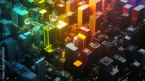 Whimsical Rainbow Cityscape with Colorful Lights Illuminating Urban Landscape