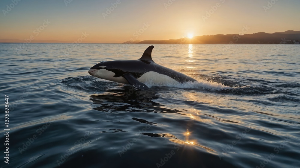 Fototapeta premium Orca Breaching Ocean Surface at Sunset with Glowing Water Reflections