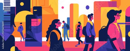 Modern urban scene with diverse characters and vibrant geometric shapes - vector.