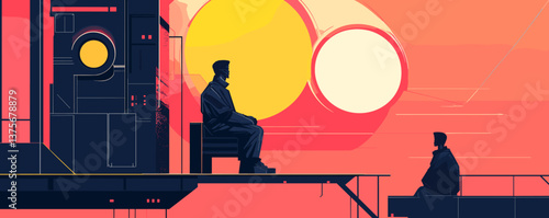 Futuristic sunset scene with two figures in conversation on platforms - vector.