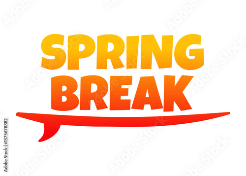 Logo vacaciones de primavera. Mensaje SPRING BREAK con silueta de tabla de surf 