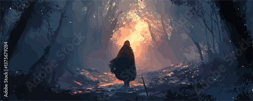 Mysterious figure walking through enchanted forest with glowing light in background vector.