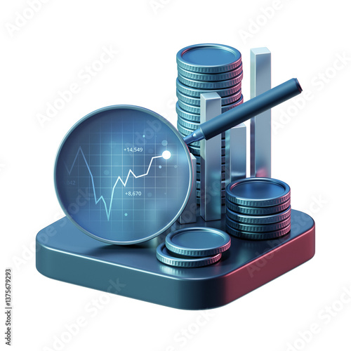 3D Stock Market Analysis with Financial Data Chart Graph and Trading for Investment and Finance Transparent PNG.