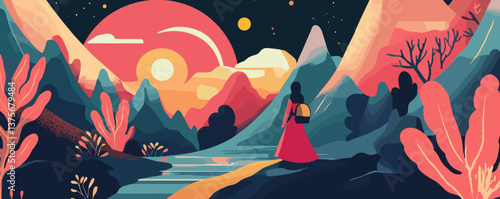Surreal landscape with figure in red dress at sunset, mountains and water, dreamlike scene - vector.