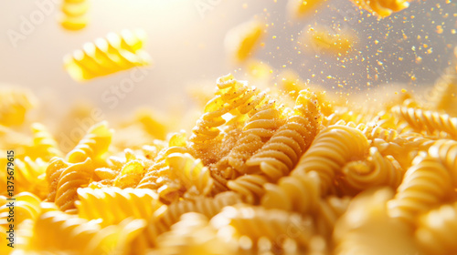  golden pasta with several individual strands floating around it