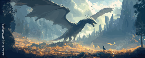 Majestic dragon confronting lone figure in mystical forest at sunrise - vector.