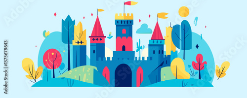 Colorful flat design castle surrounded by trees and hills, flags on towers - vector.
